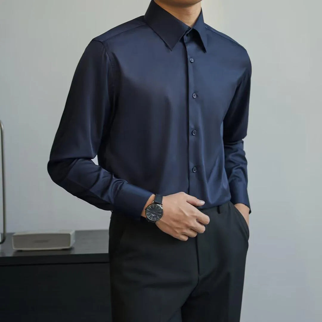 Man wearing a black loose-fit Korean style cardigan shirt with long sleeves and a Japanese retro design.