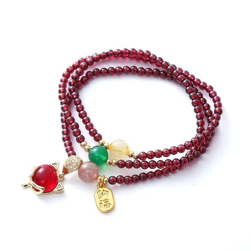 Purplish red garnet fox bracelet with adjustable string for women