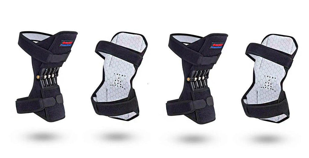 Adjustable spring knee brace patella booster in black colour with breathable fabric and venting holes