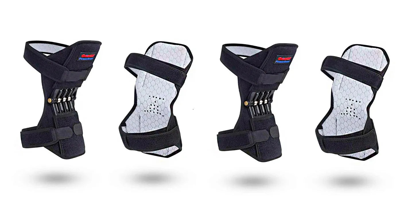 Adjustable spring knee brace patella booster in black colour with breathable fabric and venting holes