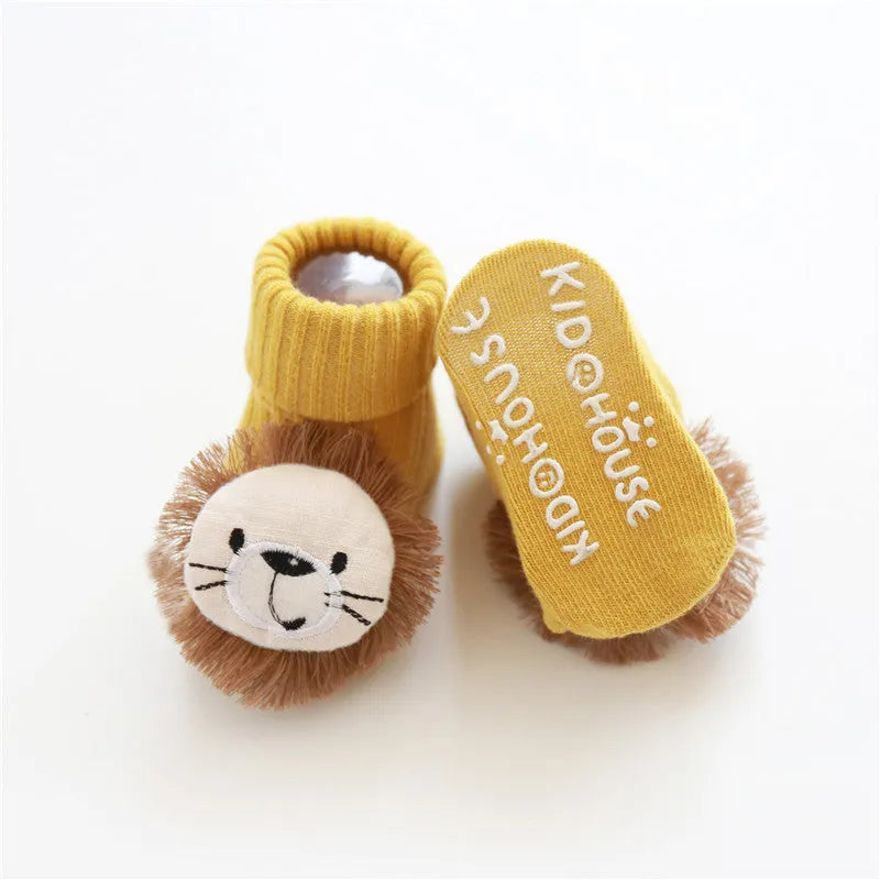 Cotton baby floor socks in various colours and patterns with size guide for ages 0-3 months