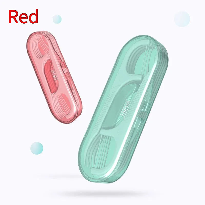 Plastic packaged dental floss showing 100 or 108 count options with portable bag format