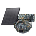 White solar-powered outdoor security camera with solar panel on top, mounted on a wall.