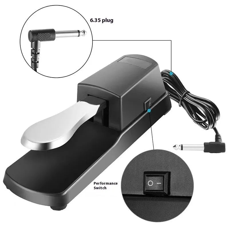 Black ABS plastic sustain pedal for electronic keyboards with 6.35mm jack connector