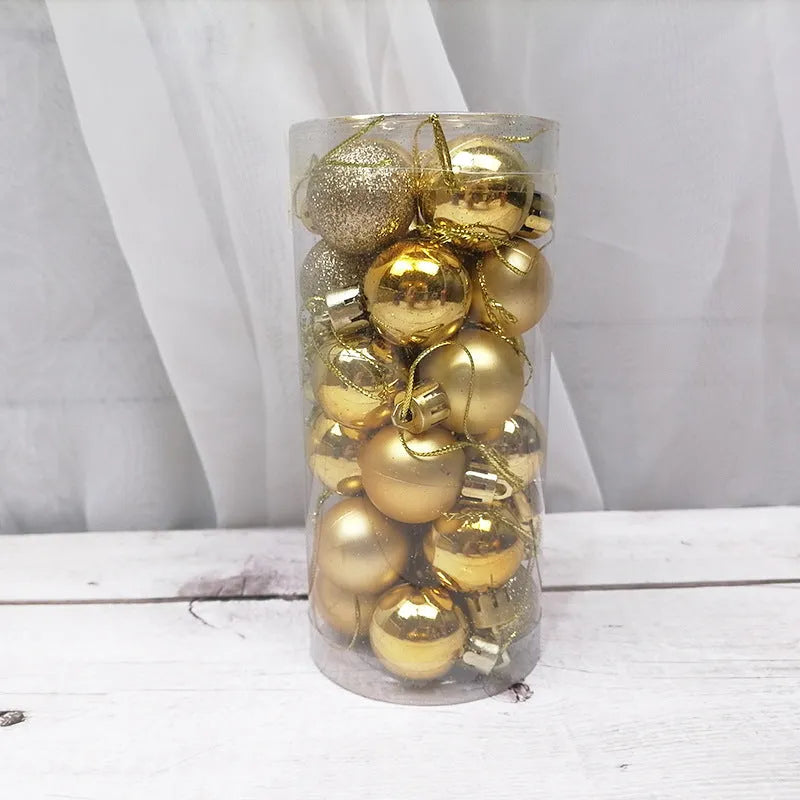 Assorted 3cm shiny gold, red, and silver Christmas ball ornaments spilling from a tall storage barrel.
