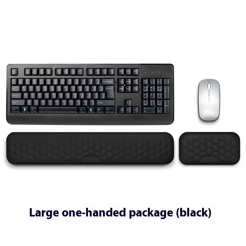 Memory foam mouse wrist rest with silicone base in black cloth and grey leather style options.