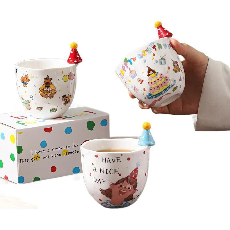 Ceramic double-layer hand-held coffee cup, 270ml, round shape, 9cm height, 7.7cm diameter