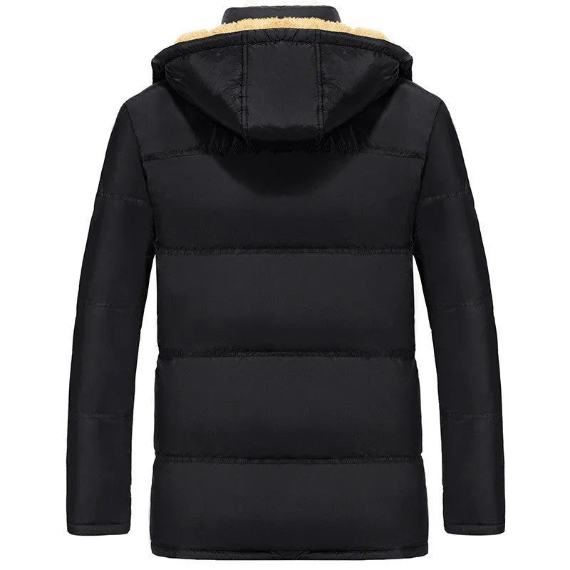 Men's black velvet padded winter jacket with double-breasted placket and hood, loose fit design