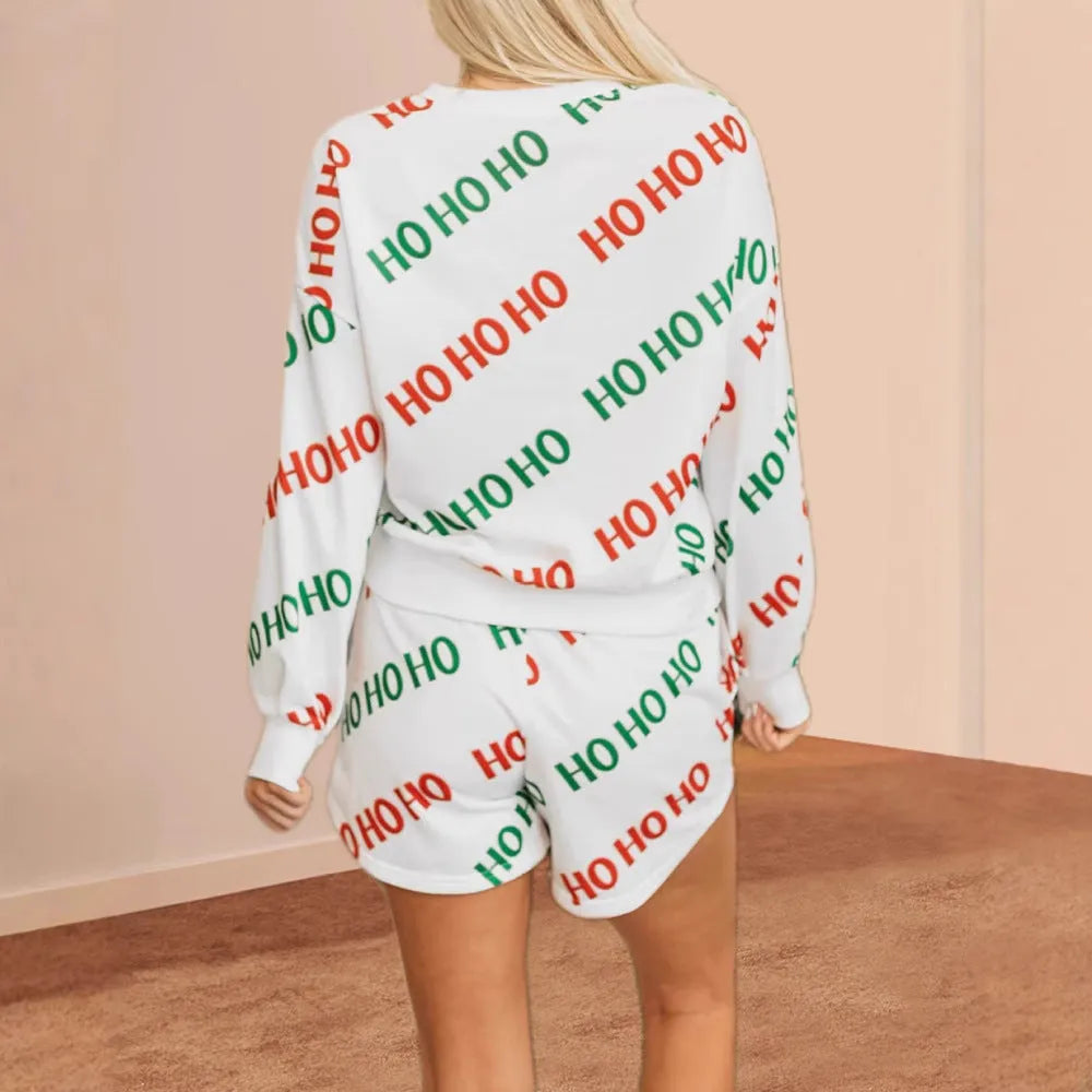 Women's white two-piece suit with printed letters, long sleeves and fifth pants in street fashion style