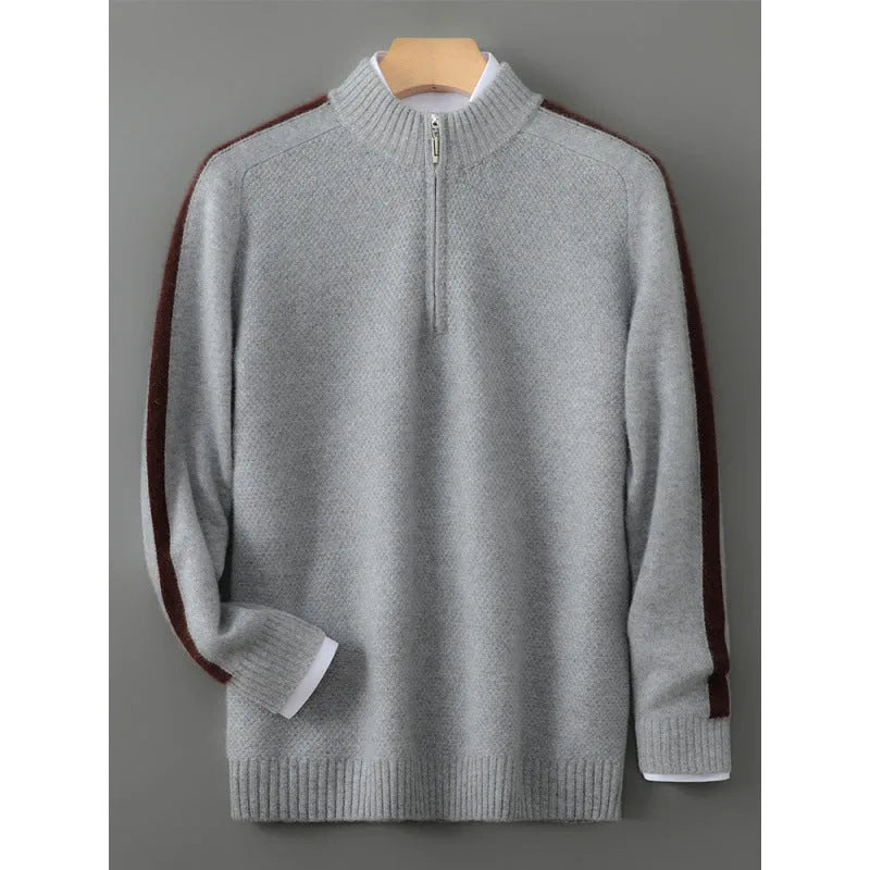 Sheep wool half-height zip knitted sweater in slim fit with round neck