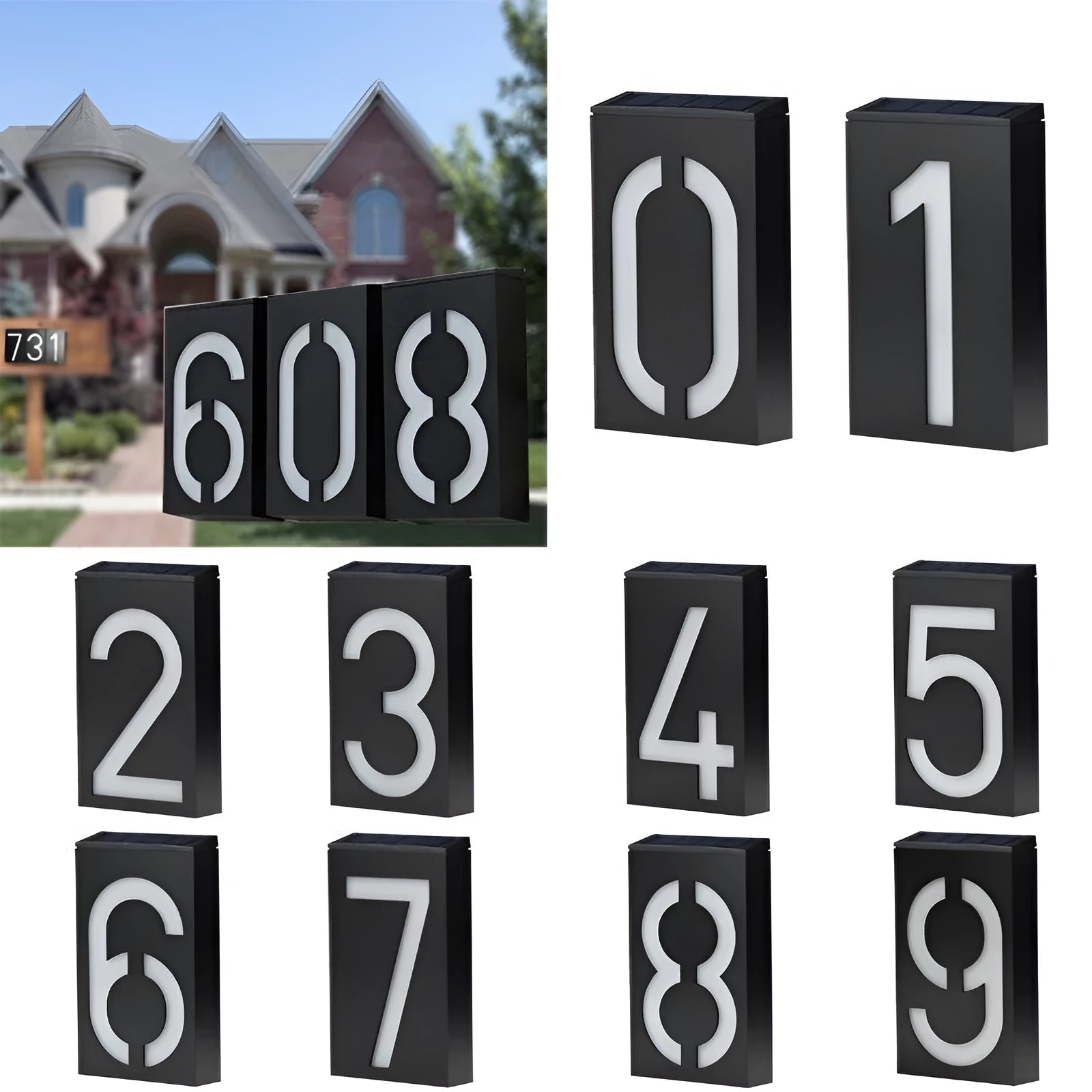 Solar powered outdoor house number light with white LEDs and wall mount.