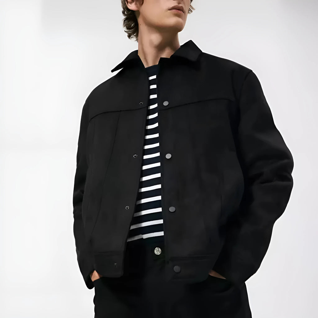 Men's black hooded jacket with suede collar and side seam pockets
