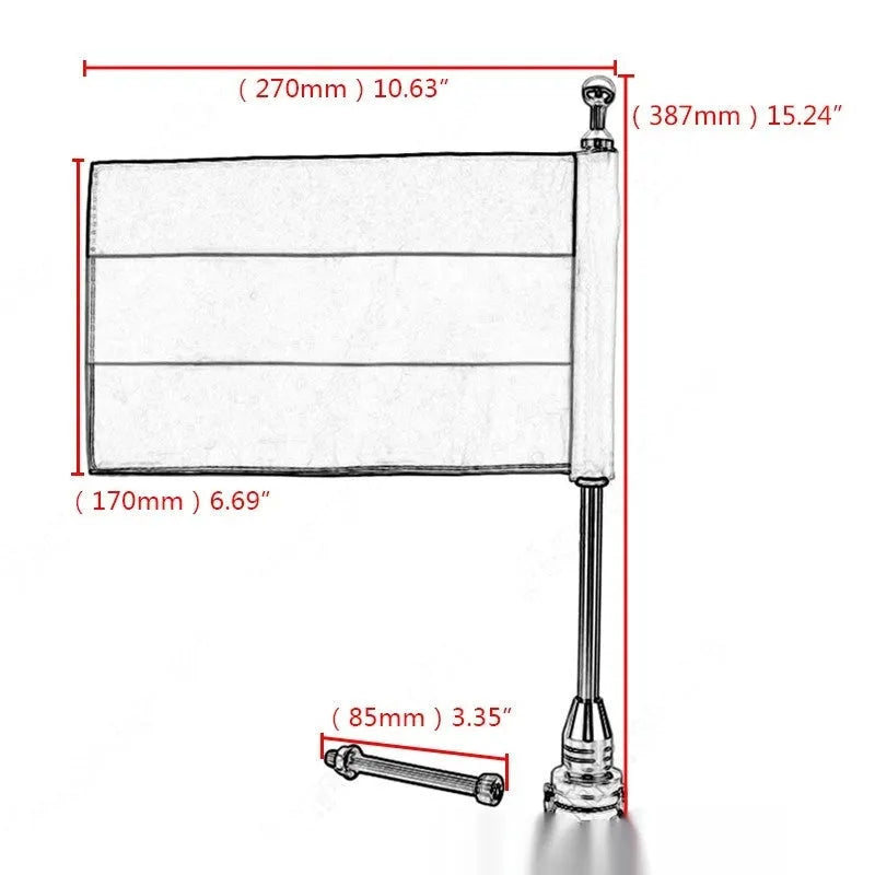 Black and silver motorcycle luggage rack flagpole for side boxes and panniers.