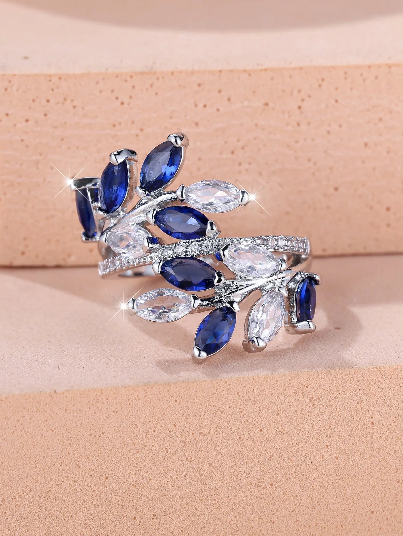 Adjustable copper leaf ring with horse eye design and zircon stones in multiple colour options