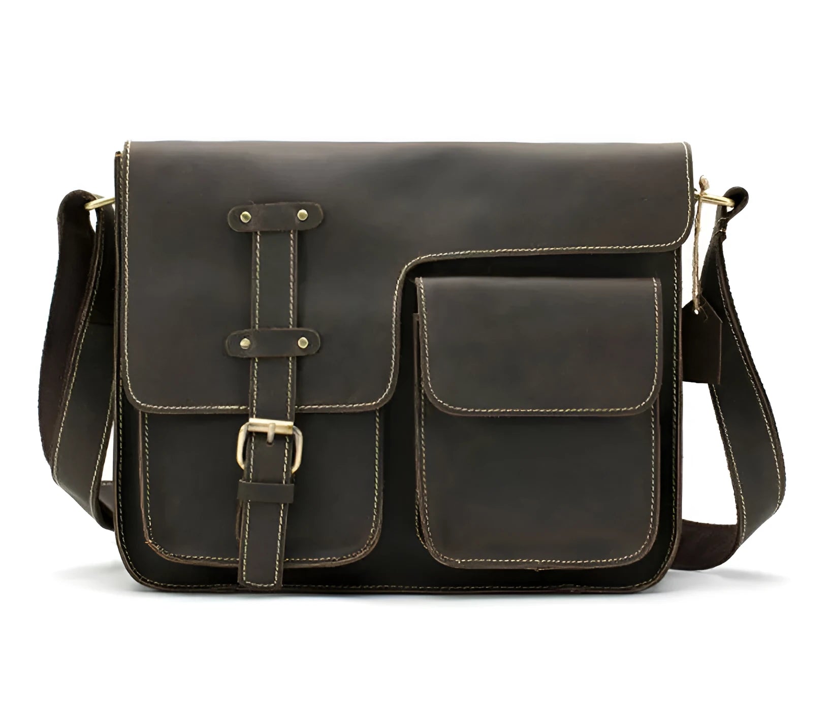 Vintage leather messenger bag with crossbody strap showing multiple compartments and available in three colour options