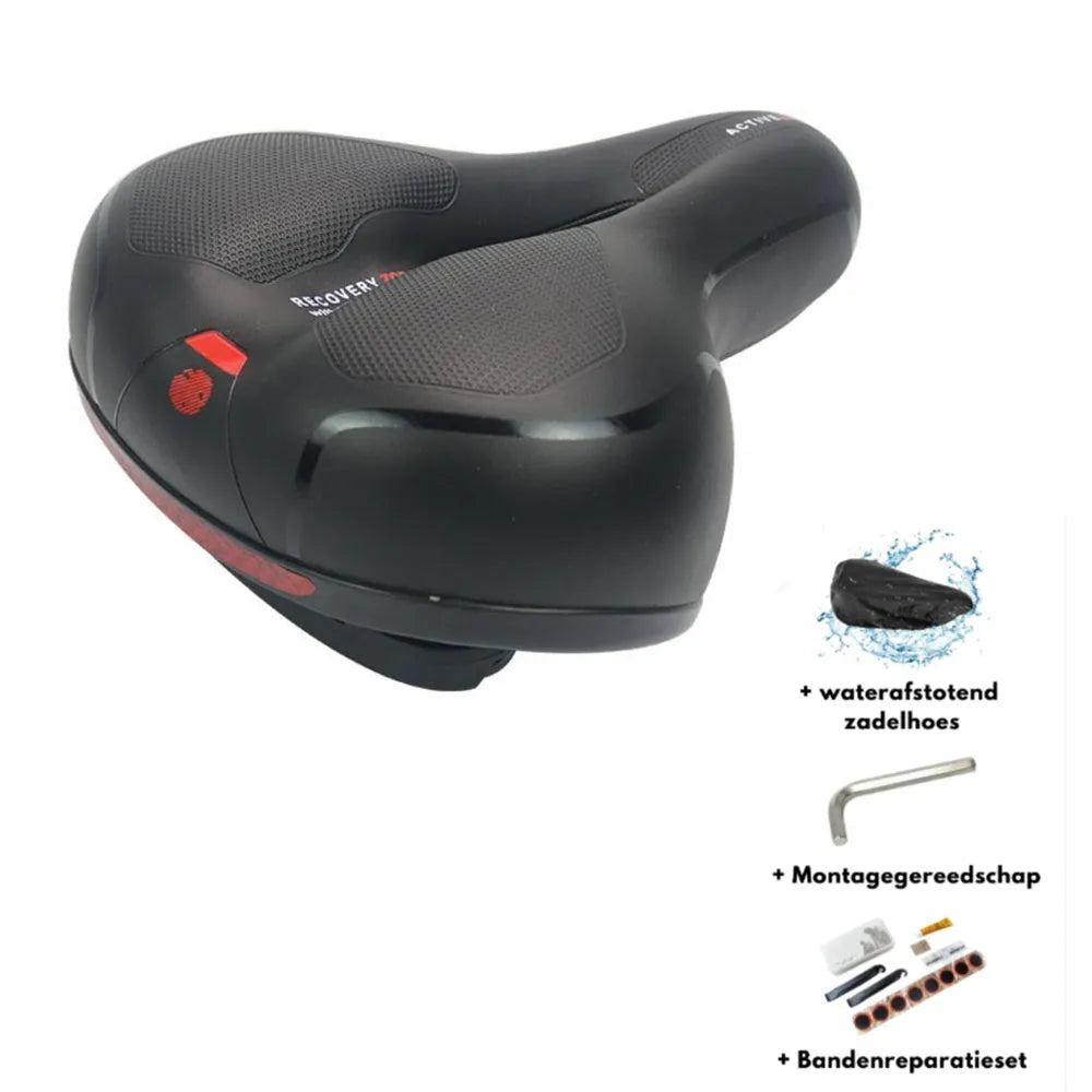 Bicycle cushion with soft padding and PU leather cover, includes waterproof cover and maintenance tools