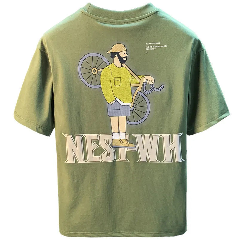 Men's green loose fit short sleeve t-shirt with trendy Literary Youth style print.