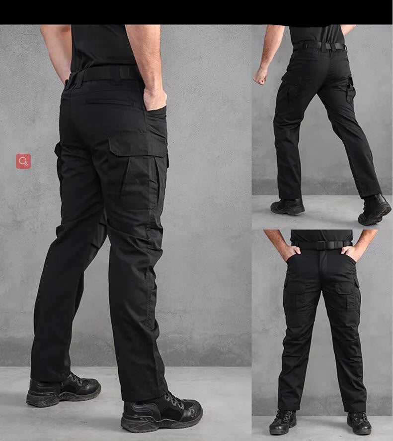 City Tactical Pants in polyester fibre, black colour, showing side view with multiple size options.