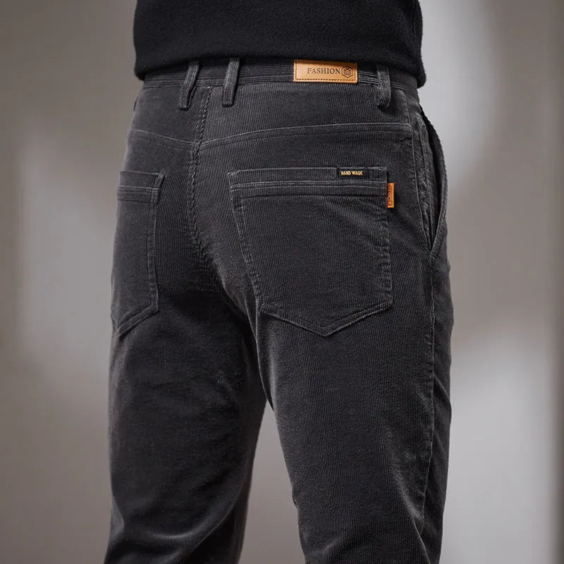 Slim fit straight corduroy trousers in dark gray, cotton fabric, mid waist with micro elasticity.