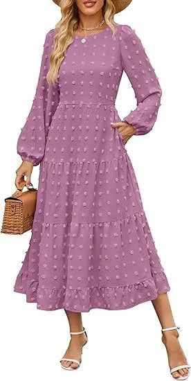 Women's solid colour long sleeve dress with ruffled sleeves and high waist in autumn colours