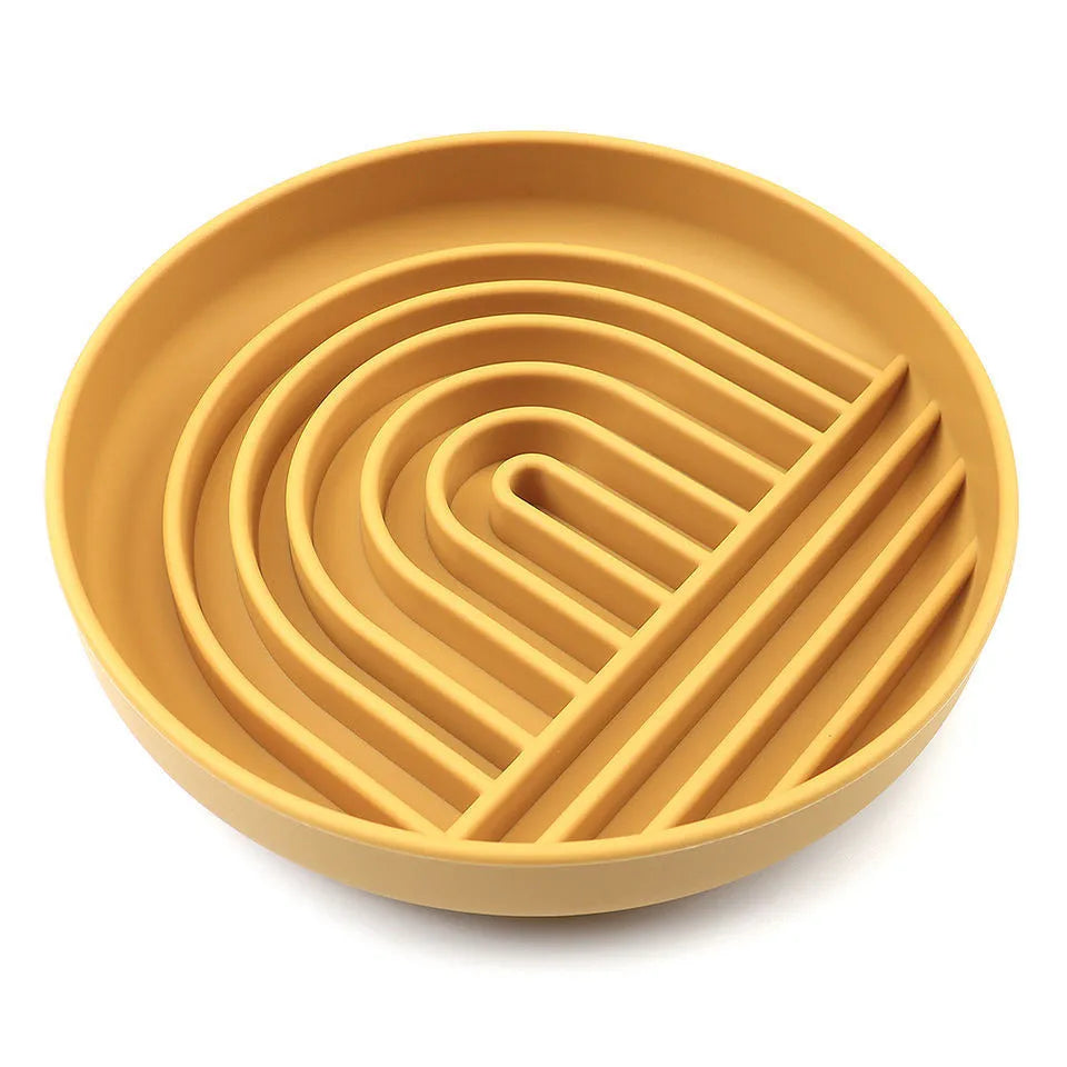 Silicone slow feeder dog bowl with textured ridges, shown in beige colour