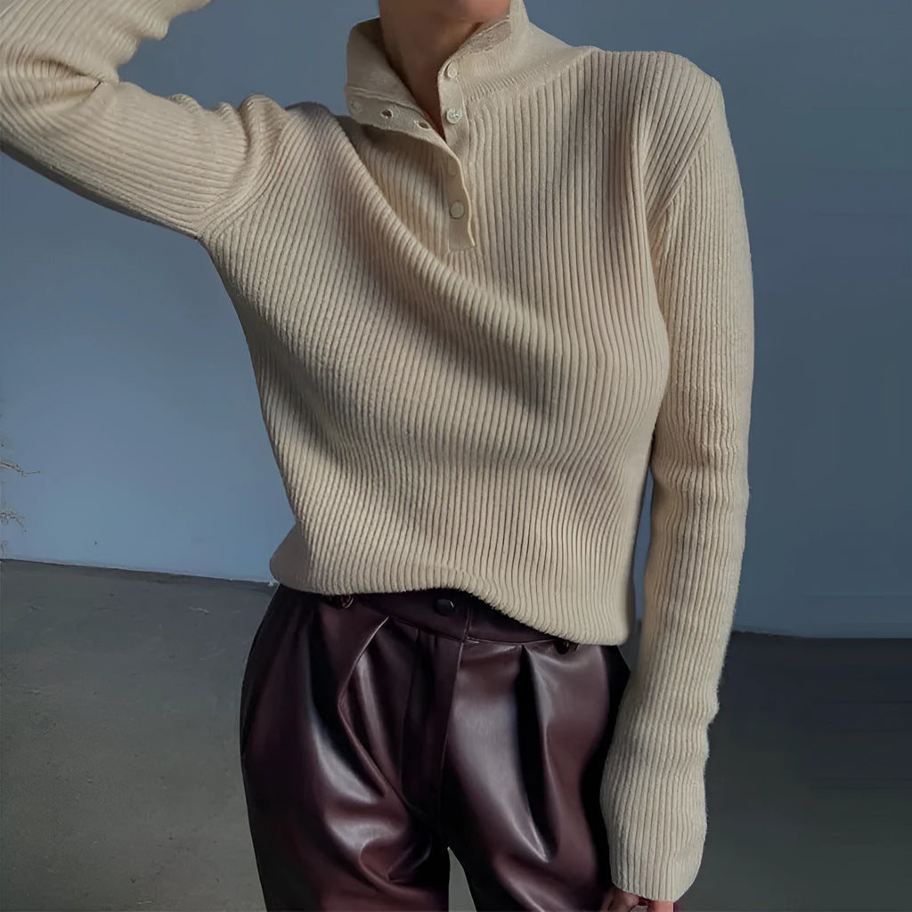 Women's retro breasted half turtleneck pullover sweater in spandex cotton blend fabric