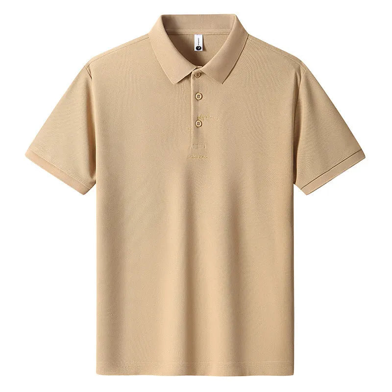 Men's loose-fitting short sleeve cotton T-shirt in six colour options on a size chart background.