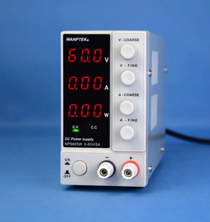 LNPS605W adjustable DC laboratory power supply unit with white casing, voltage and current controls.