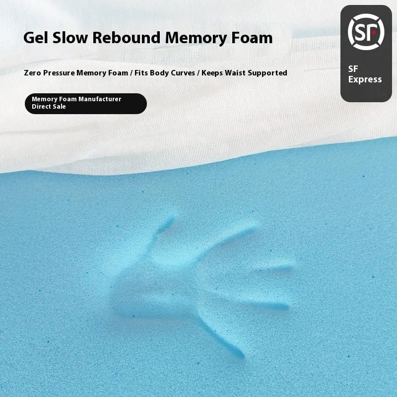 Thin gel memory cotton tatami mattress on a tatami floor, showing side profile to illustrate 2cm, 3cm, or 5cm thickness.