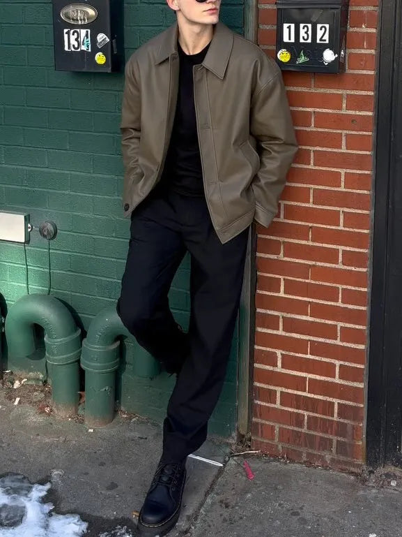 Men's casual long-sleeved leather jacket plain regular fit front view