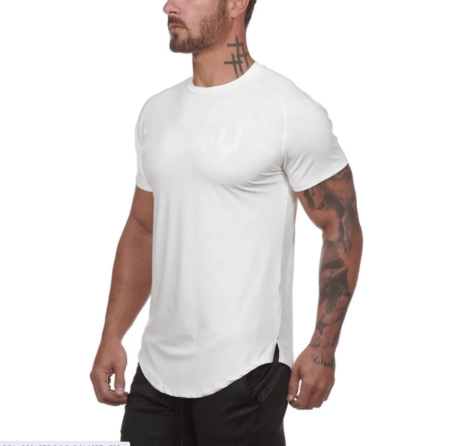 Men's custom plain gym shirt in cotton spandex blend with optional letter print, shown in multiple colour options.