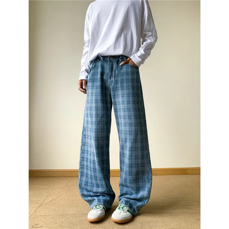 Retro blue plaid wide-leg skinny jeans with mid waist and zip fly, front view, blue denim fabric