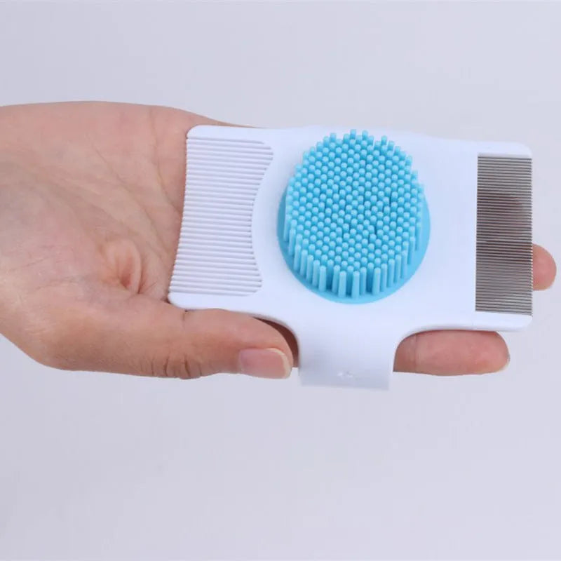 Blue and green multifunctional pet grooming comb with floating hair removal and massage nodes.