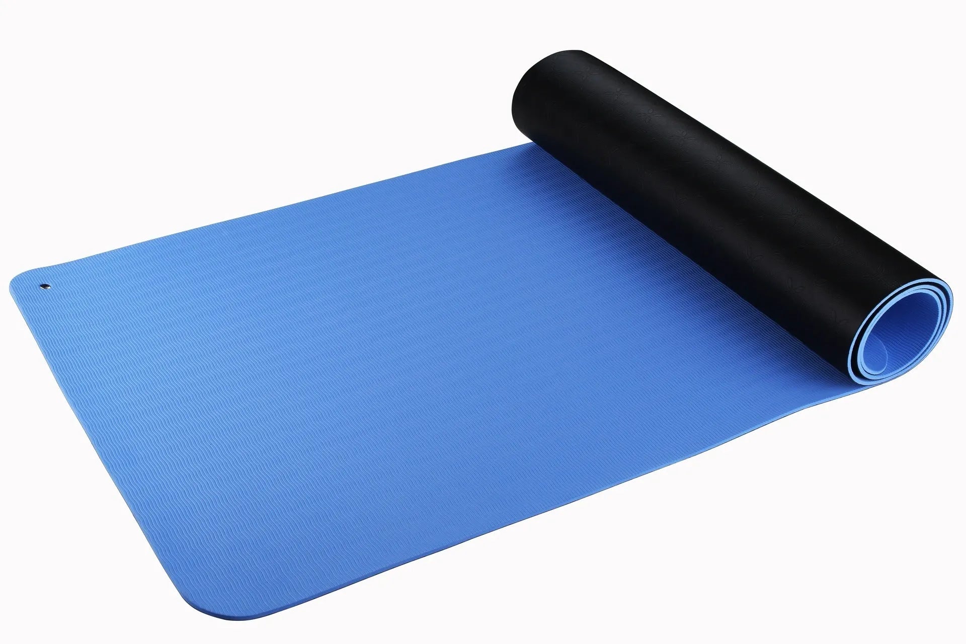 Blue conductive yoga mat with plants pattern and grounding wire, size 182x61cm.