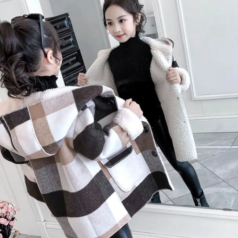 Children's striped thick woolen overcoat for girls, academy style, blue colour, long length sleeveless design