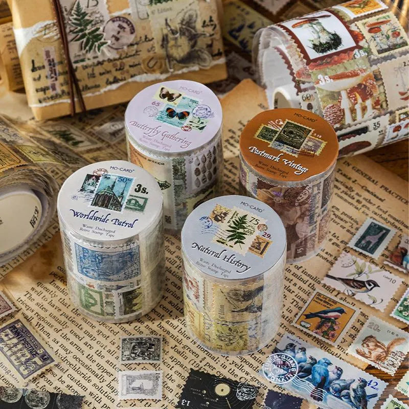 55mm wide retro journal decoration stamp roll with butterfly, forest, bird, or mushroom themed designs