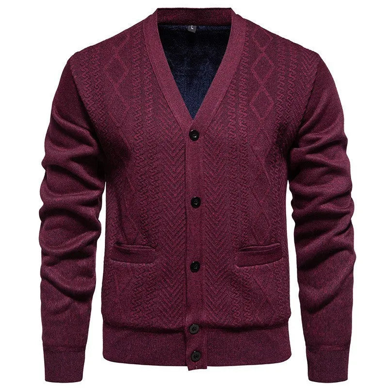 Men's striped cardigan sweater with long sleeves and wool lining shown in brown colour