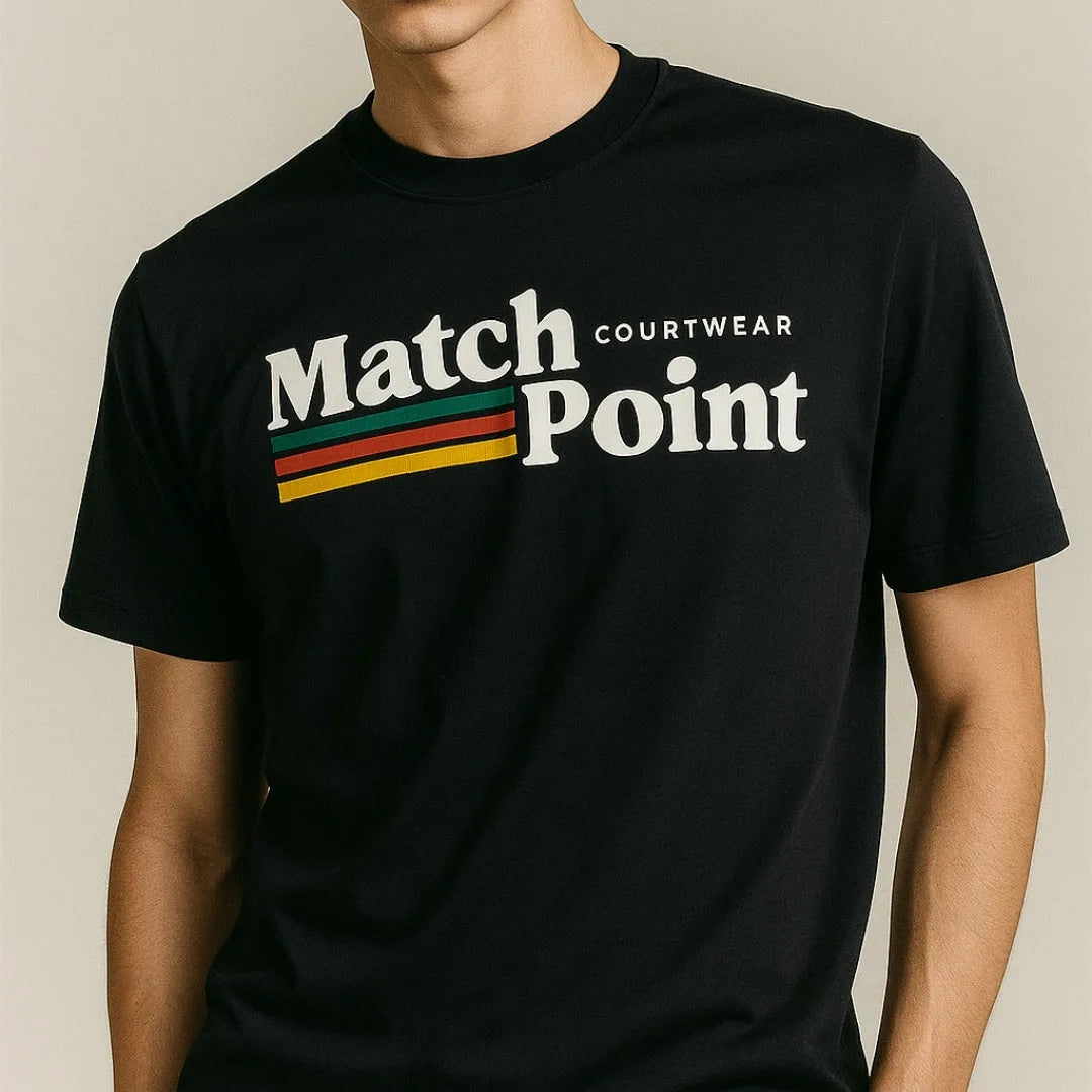 Black men's t-shirt with a large white 3D digital printed text pattern on the front.