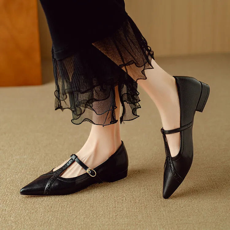 Brown cowhide leather pointed toe women's flat shoes with a low cut and mid heel