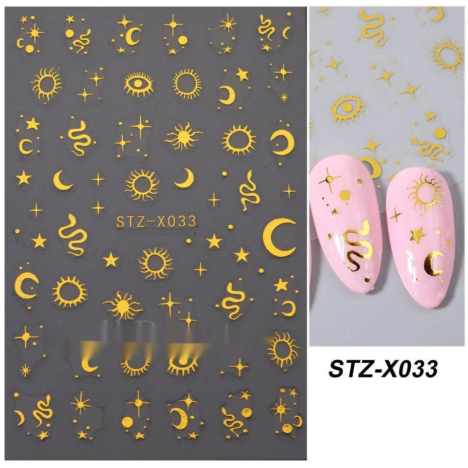 Pack of black and silver striped nail art stickers with cartoon and love pattern designs.