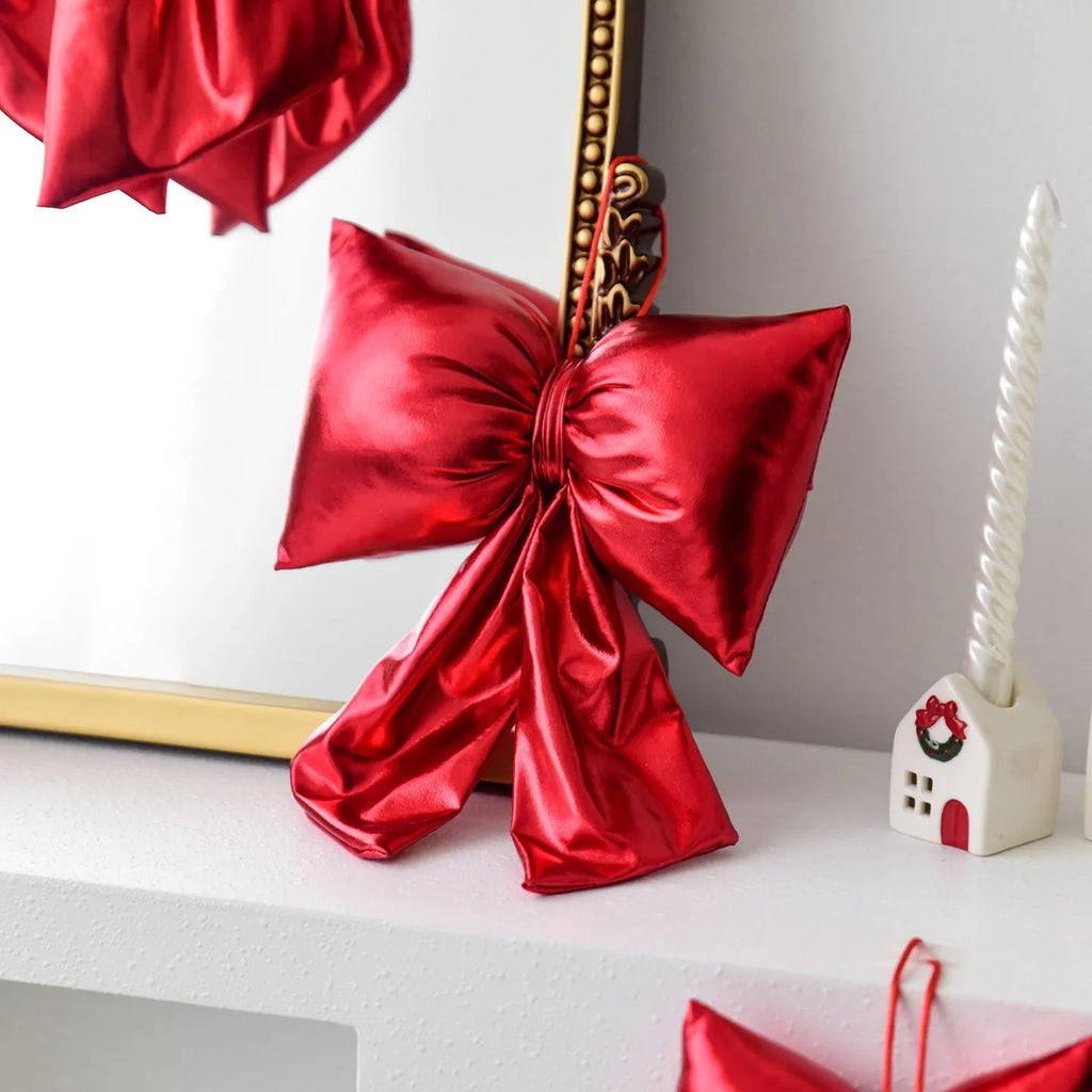 Christmas decorative bowknot in bright leather finish, red, 30cm size, hanging ornament