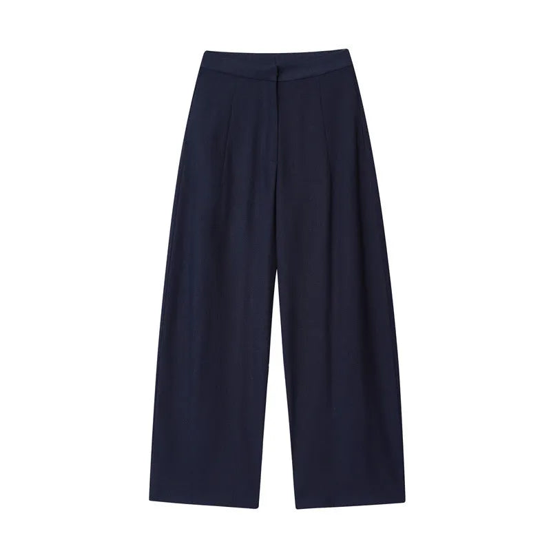 Women's off-neck polyester shirt with flounced sleeves paired with matching wide-leg trousers.
