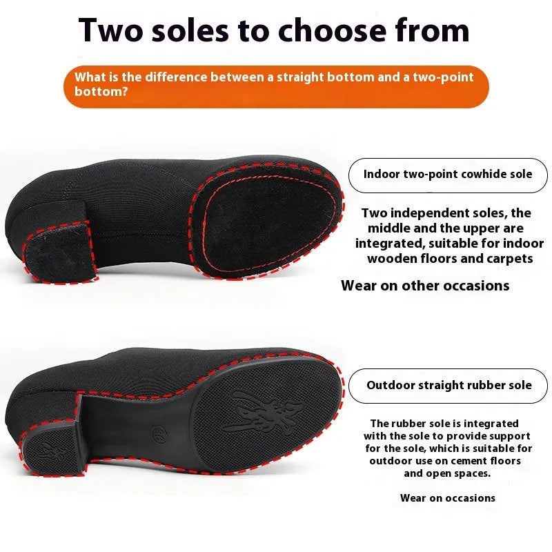 Men's black oxford cloth ballroom dancing shoes with middle heel and rubber sole, indoor and outdoor variants