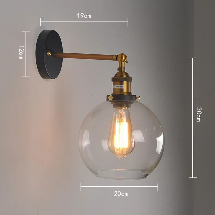 20cm round retro glass wall lamp with aluminium fitting and E27 bulb socket