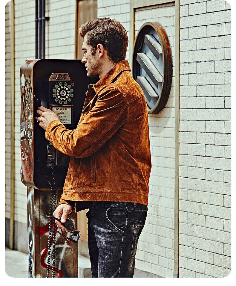 Men's brown pig skin leather biker jacket with zip front and pockets, American casual style