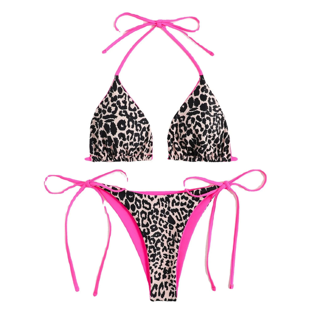 Women's lace-up front triangle bikini top with split bottoms in polyester fabric.