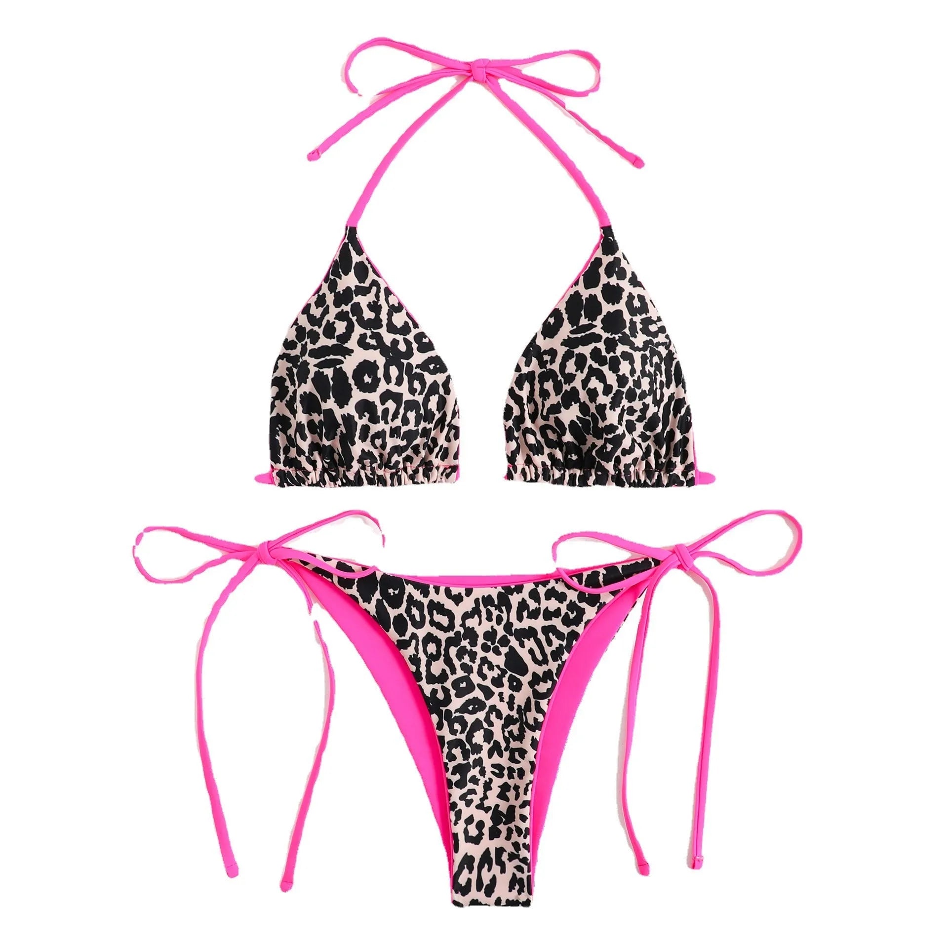 Women's lace-up front triangle bikini top with split bottoms in polyester fabric.