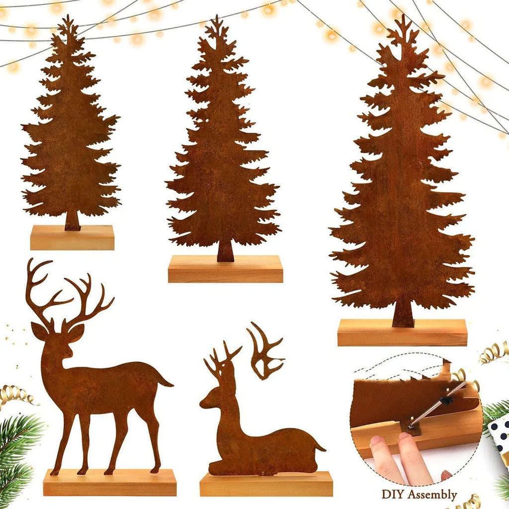 Set of three rusty iron elk and Christmas tree metal ornaments on a wooden surface.