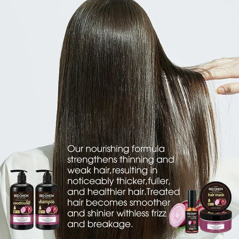 Red onion shampoo and conditioner four-piece set showing 500ml bottles, 250ml hair mask, and 50ml essential oil.
