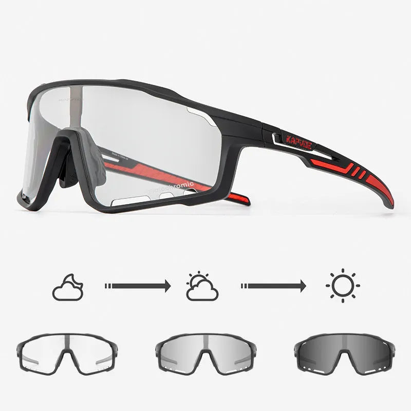 Photochromic cycling sunglasses with a semi-rimless TR90 frame shown in one of fourteen colour options.